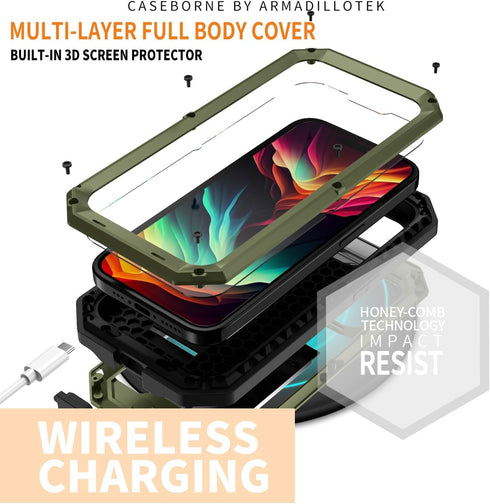 JINGANGYU 15 Metal Heavy Duty Phone Case Compatible with iPhone with Kickstand Built-in Gorilla Glass Lens Slide Camera
