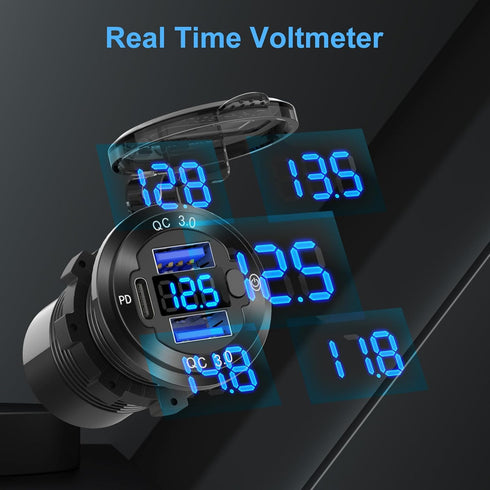12V USB Outlet Boat Accessories, PD3.0 Dual QC3.0 USB Ports Aluminum Car Charger with Voltmeter and 150W Cigarette