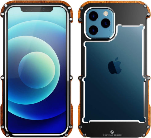 Kowauri Case for iPhone 12 Pro Max, Drop Protection Aluminum Metal Wood Bumper Frame Cover, Black