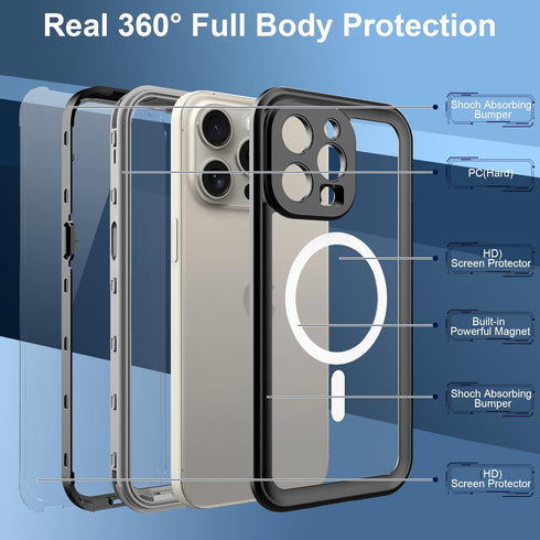 Ezanmull iPhone 15 Pro Max Waterproof Case, Magnetic with Screen Protector, IP68 Dustproof, Black