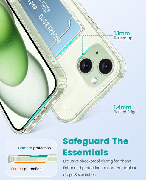 iPhone 15 Plus Compatible Clear Phone Case with Card Holder, Shockproof Slim Cover, Transparent