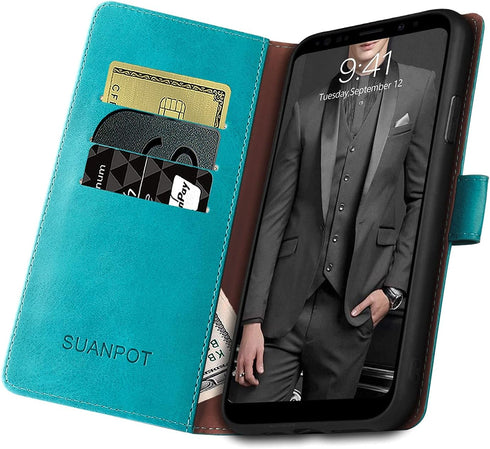 SUANPOT Leather Wallet Case for Samsung Galaxy S8 5.8" with RFID Blocking, Flip Folio Book Phone Case, Blue Green