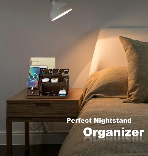 KOCWELL Wood Phone Docking Station, Gifts for Men, Nightstand Organizer Wood for Phone Tablet Earphones Watch Wallet