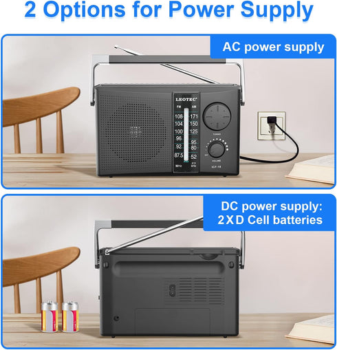 LEOTEC Portable AM FM Radio with Best Reception, Battery Operated or AC Power, Black