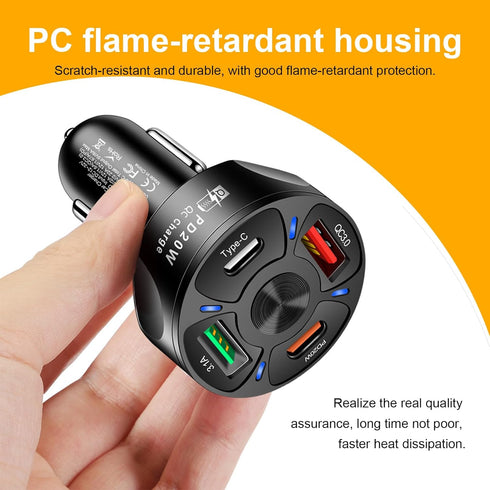 4 Ports Car Fast Charging Charger Cigarette Lighter Adapter, Super Fast Auto Charging Plug with QC 3.0, PD 20W, Type C,