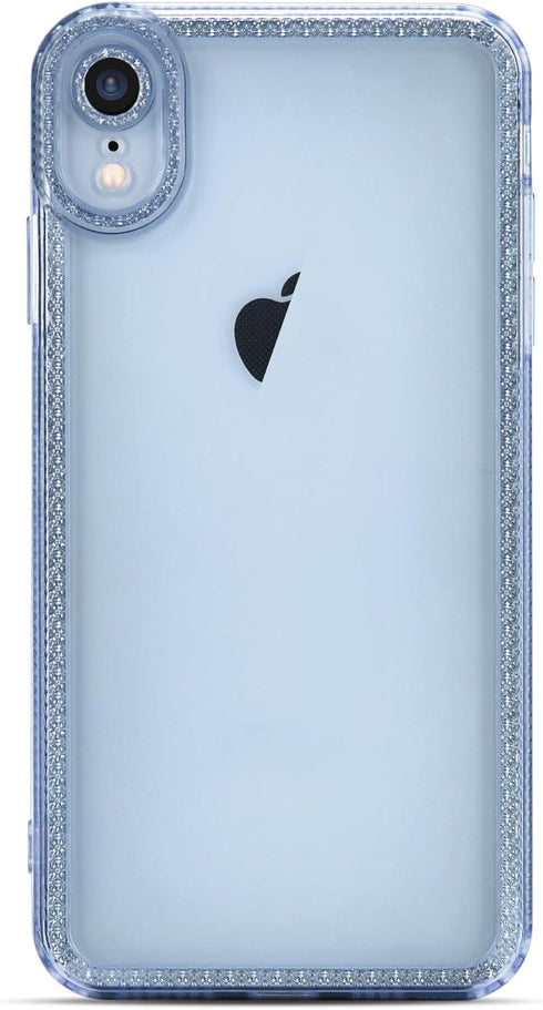 Cute Clear Bling Crystal Diamond iPhone XR Case with Sparkle Camera Lens Protector, Soft TPU Cover for Women, Blue.