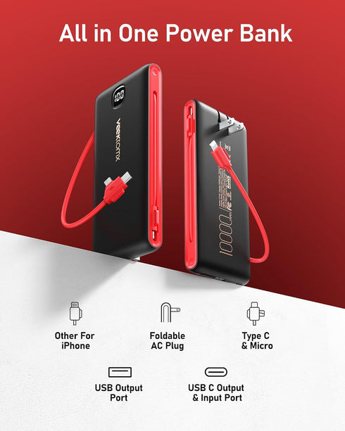 VEEKTOMX Portable Charger 10000mAh with Built-in Cables, Fast Charging USB C Slim Battery Pack for iPhone and Samsung