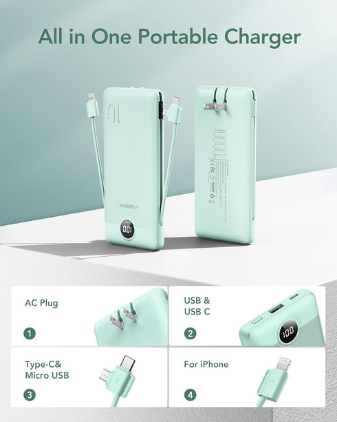 VEGER Portable Charger for iPhone - 10000mAh Slim Fast Charging USB C Power Bank with Built-in Cables, Travel Essential
