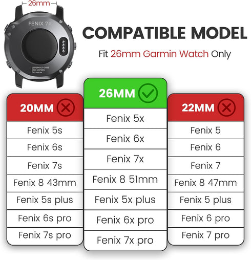 Compatible with Garmin Fenix 7X/Fenix 6X/Fenix 5X/Fenix 8, Nylon Quickfit 26 Watch Band for Tactix 7