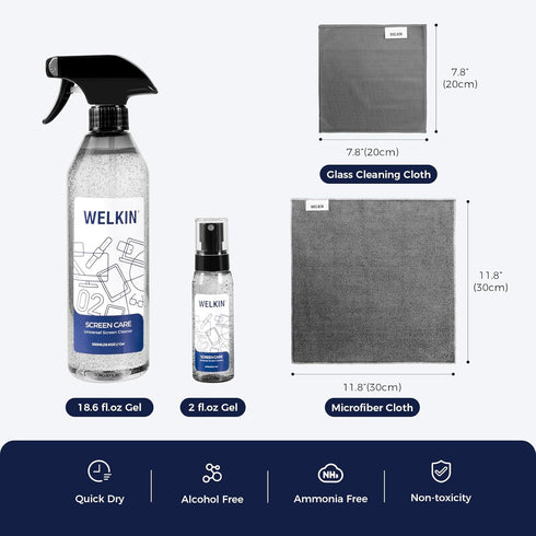 WELKIN Screen Cleaner Spray Kit (250ml + 60ml) - Cleaning Gel for TV, Laptop, Phone Touchscreen - 2 Sprayers & Cloth