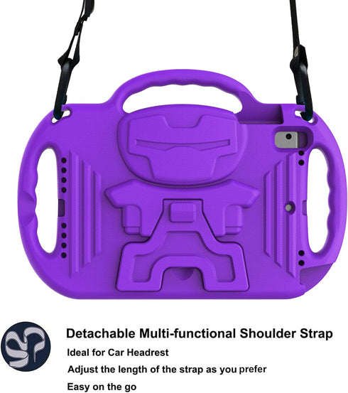 LTROP Kids Case for iPad 5th/6th Generation & Air 2, Shockproof Bumper Cute Kid Case with Shoulder Strap (Purple)