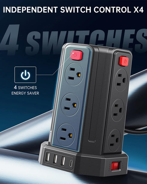 SMALLRT Power Tower Desktop Charging Station, 10 Ft Power Strip Surge Protector with 12 AC Outlets & 4 USB (1 USB C),