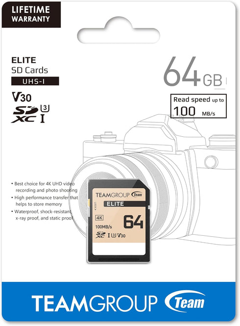 TEAMGROUP Elite 64GB UHS-I U3 V30 SDXC Memory Card, 100MB/s Read Speed, Compatible with Canon Sony Nikon Panasonic