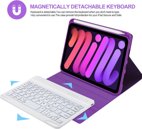 iPad Mini 6 Keyboard Case 2021: Boriyuan Detachable Wireless Bluetooth Keyboard Slim Folio Smart Cover, Purple