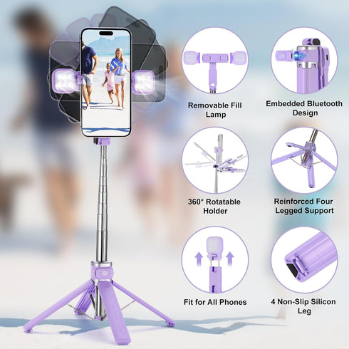 Mini iPhone Tripod Stand,MQOUNY 38" Phone Tripod &Selfie Stick with Wireless Rechargeable Remote & Removable Light, Extendable Tripod Stand 360 Rotation Compatible with iPhone&Android Samsung (Purple)