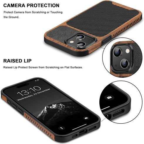 TENDLIN iPhone 15 Case - Slim Black Leather Hybrid with Wood Grain & Carbon Fiber Texture Design.
