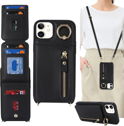 iPhone 12 Case Wallet with Card Holder for Women, Crossbody with Strap, Kickstand Zipper Case - Black
