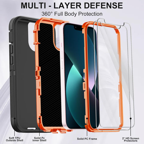 Annymall for iPhone 13 Case with 2 Screen Protector,Shockproof Drop Protection Full Body Heavy Duty 3 Layer Military Rugged Durable Phone Cover for Apple iPhone 13 6.1" (Black Orange)