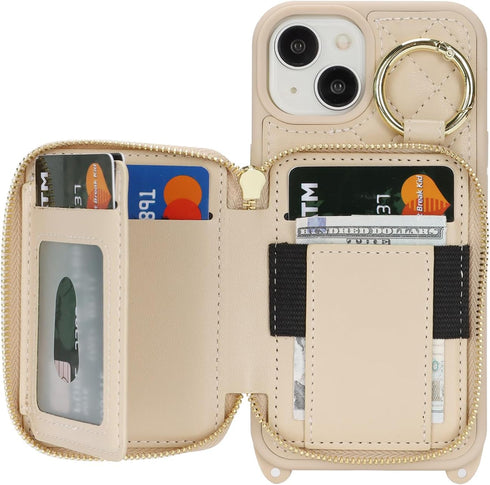Hamany 15, 5G 6.1 Inch-White Crossbody Wallet Case for iPhone PU Leather Zipper Handbag Purse Flip Cover, Kickstand