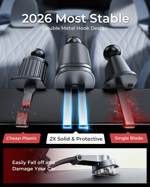 MRGLAS 2026 Upgraded Phone Holders for Your Car with New Metal Hook Clip, Handy Air Vent Cell Phone Car Mount [One Hand