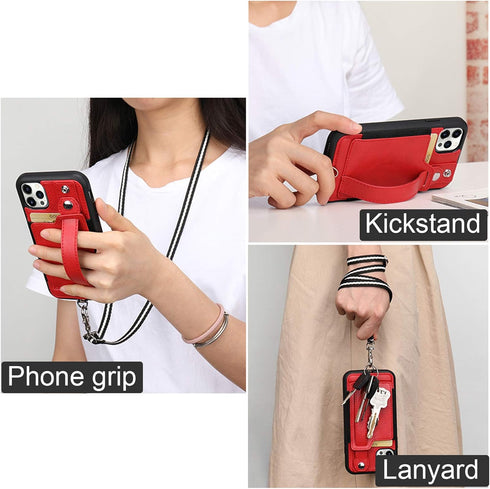 TOOVREN iPhone 12 Pro Max Case for Women and Girls, Card Holder Kickstand Adjustable Lanyard Neck Strap, Red