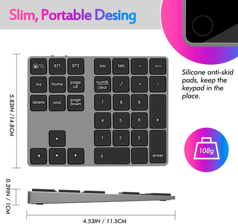 Foloda Bluetooth Number Pad, Wireless BT Numeric Keypad, Multi-Devices Rechargeable USB C Numpad for Laptop, PC, iMac,