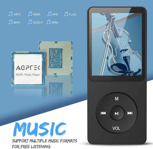AGPTEK A02PL 64GB MP3 70 128GB(Black) Player, Hours Playback Lossless Sound Music Player, Supports up