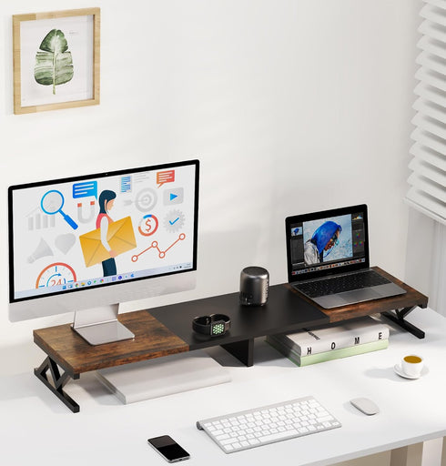 2 Dual Monitor Stand Riser, Large Wood Monitor Riser for Monitors, Monitor Lift with Storage for Desk, Sturdy