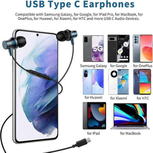 COOYA USB C Headphones Type C Wired Earbuds Bass Stereo Magnetic for iPhone 15 Pro iPad 10 Air 6 Noise Canceling Earphones in-Ear Headset+Mic for Samsung S24 Plus S23 S22 A35 Pixel 8a 7 OnePlus 12 11