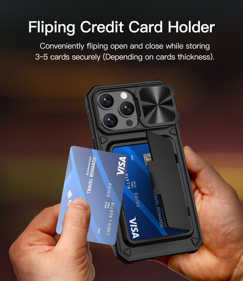 iPhone 15 Pro Max Case - Rugged Black Wallet Case with Card Holder, Kickstand & Slide Camera Cover, Military Grade