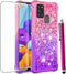 Samsung Galaxy A21S Case with Tempered Glass Screen Protector, Glitter Bling Floating Liquid TPU Shockproof Cover -