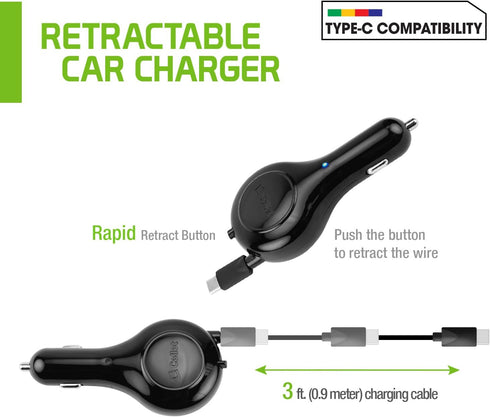 Cellet Retractable Car Charger for iPhone 15, Samsung Galaxy, Google Pixel (Type-C 15 WATT)