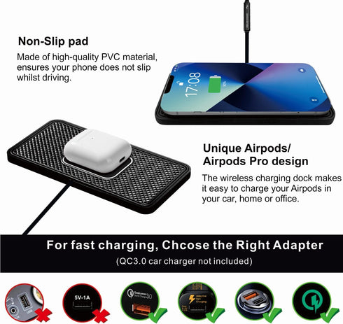 REESTECQI 15W Wireless Car Charger Pad, Non-Slip Phone Charger for iPhone 15/14/13/12/11, Samsung S23/S22/S21 [40W Car