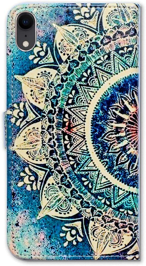Case for iPhone XR, Green Circular Mandala Leather Flip Wallet Cover with Card Slot Holder Kickstand