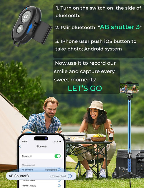 Bluetooth Long Selfie Stick - Lightweight Extendable Pole from 20'' to 118'' with Built-in Wireless Remote