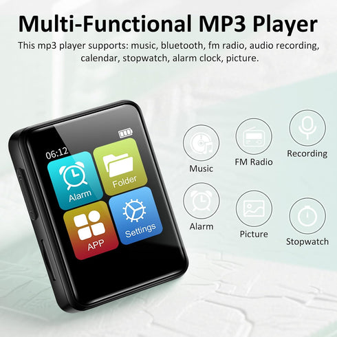 VANSING 1.8 inch MP3 32GB MP3 512GB, Player with Bluetooth, Digital Music Player for Kids, Portable Mini Bluetooth