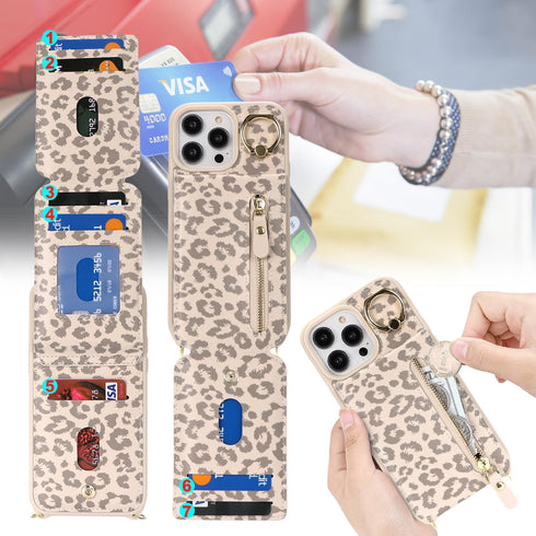 iPhone 13 Pro Max Case Wallet with Card Holder for Women, Crossbody with Strap, Kickstand Zipper Case - Rice Leopard