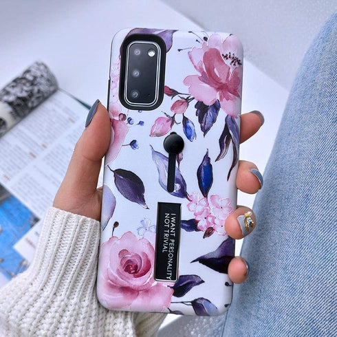Compatible Samsung Galaxy S20 Case with Finger Grip, 3D Embossed Pink Flowers White Shell Design, Rugged Shockproof