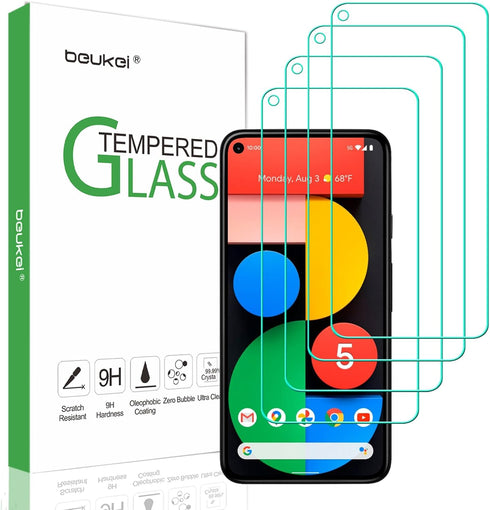 beukei Tempered Glass Screen Protector (4 Pack) for Google Pixel 5 5G, 9H Hardness, Touch Sensitive, Case Friendly