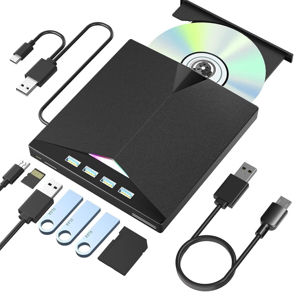 Alphami External CD/DVD Drive for Laptop, 7-in-1 External DVD Drive with 2 USB