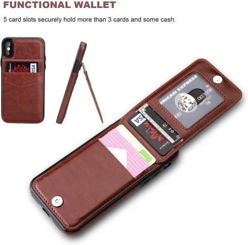 KIHUWEY Wallet Case for iPhone X/Xs - Premium Leather with Credit Card Holder, Heavy Duty Protective Cover (Brown)