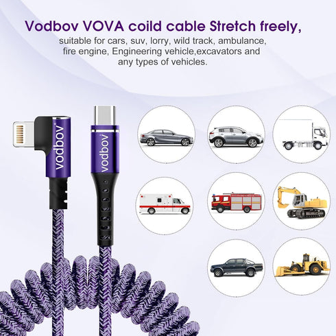 Fast Charging Purple Lightning to USB-C Cable, 2ft to 8ft Right Angle Coiled for iPhone.