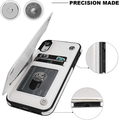 iPhone XR Wallet Case with Card Holder, Premium PU Leather Kickstand, Double Magnetic Clasp, Shockproof Cover (White)