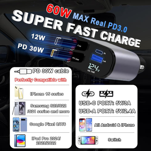 Retractable Car Charger 4 in 1 USB C Fast Charger with Dual Type-C Cables, Compatible with iPhone 15, 2 Pack