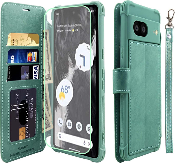 VANAVAGY Forest Green Wallet Case for Google Pixel 7, RFID Block, Leather, Wireless Charging, Card Holder & Screen