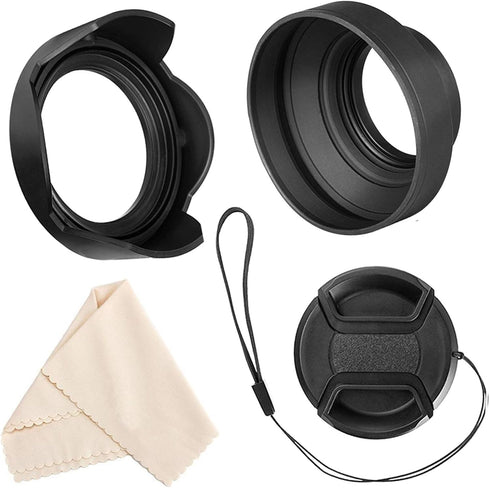 Veatree 67mm Lens Hood Set, Collapsible Rubber with Filter Thread, Reversible Tulip Flower Hood, Center Pinch Cap &