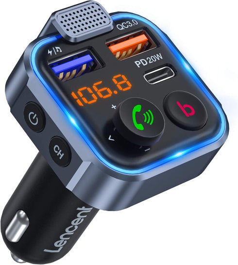 LENCENT Wireless Bluetooth 5.0 FM Transmitter Car Kit, Type-C PD 20W + QC3.0 Fast USB Charger, Hands-Free Calling, Hi