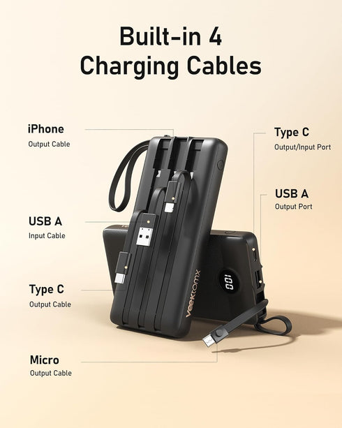 VEEKTOMX 10000mAh Portable Charger with Built-in Cables, Slim Fast Charge USB C Battery Pack for iPhone 15/14/13,