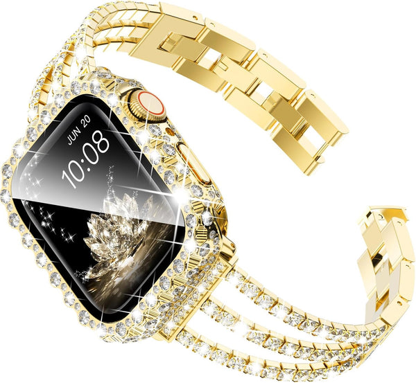 Surace Gold Apple Watch Bands 45mm for Women, Bling Diamond Rhinestone Link Bracelet with 2 in 1 Waterproof Case
