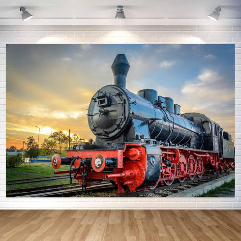 DYNH Steam Train Backdrop,Railroad Tracks Sunset Railway Photo Background,Train Banner,School Bulletin Board Decoration
